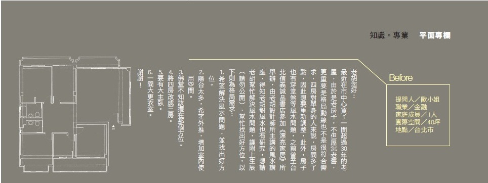 歐小姐希望能夠調整老屋動線格局，也希望改善風水問題