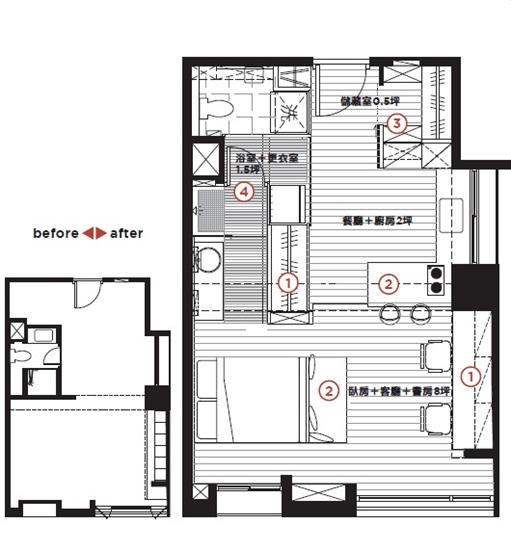 小坪數、更衣室、單面採光、儲藏室、吧檯