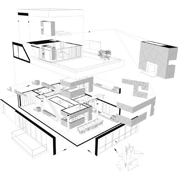 樓梯間轉角櫃體門片採用不規則斜角切割的玻璃作為門片