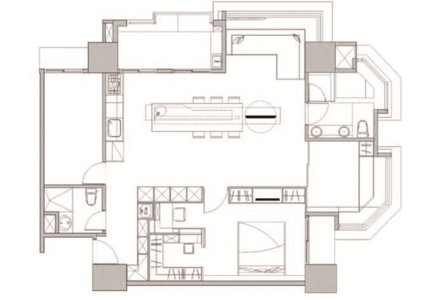 為了解放空間，以開放式中島作為設計主軸，在主要公共