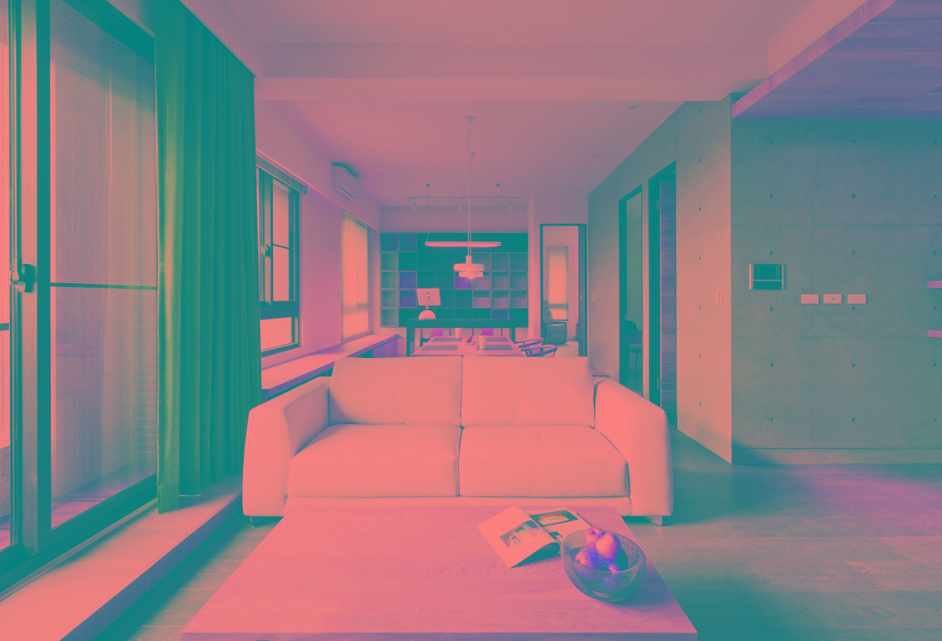 空間焦點 白色雙人沙發。客廳、廚房、餐廳、書房整合