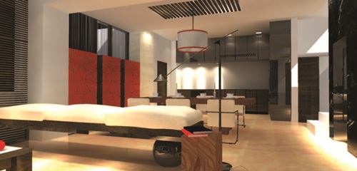 踏著柚木實木梯階走進一樓，色調清雅的空間令人感覺沉