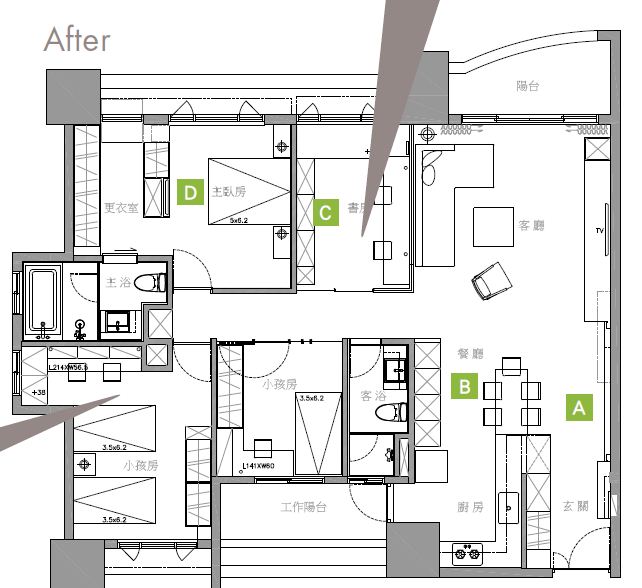 禾築設計除了利用櫃體局部隔間滿足女屋主的收納需求，