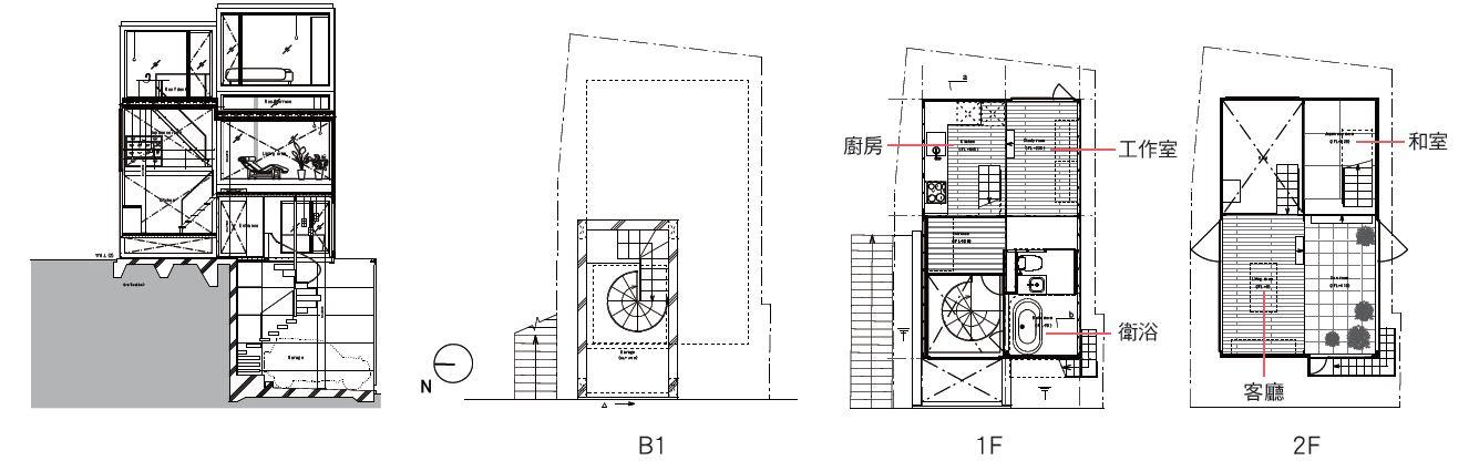 本案是位於東京都心的狹小建地，地處難以施工的坡道高