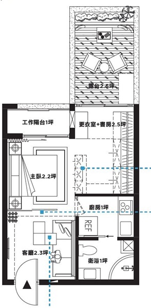 原為1房1廳的小坪數空間，設計師將原本的隔間牆拆除，