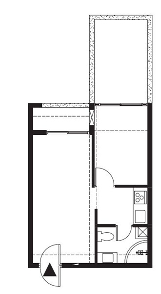 原為1房1廳的小坪數空間，設計師將原本的隔間牆拆除，
