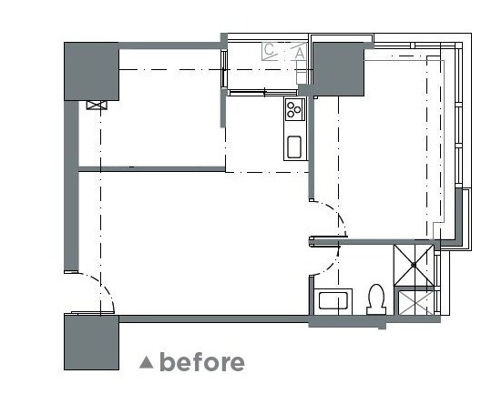 原格局有三大缺失；一是次臥鄰近玄關，但實牆高聳讓客