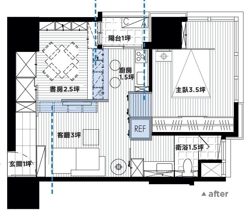 原格局有三大缺失；一是次臥鄰近玄關，但實牆高聳讓客