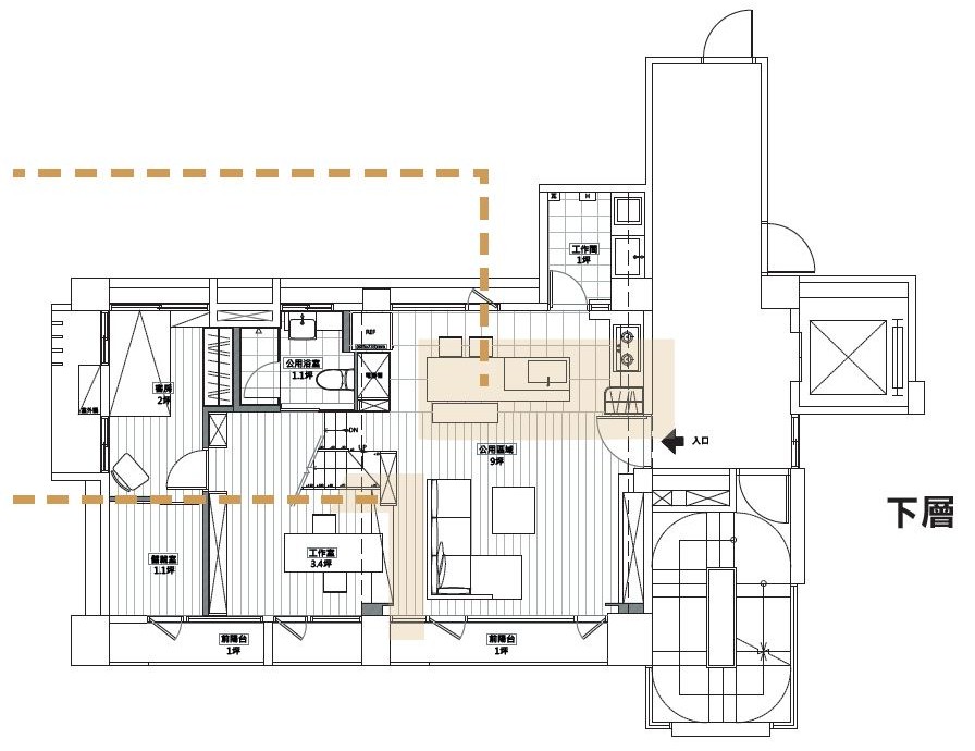 工作室保有既留的4.05米挑高，與客廳之間以開放式鐵件