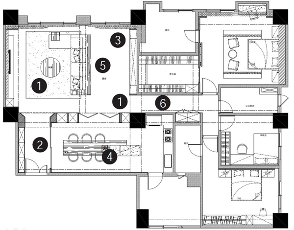 客廳與書房空間皆作開放式設計，搭配明亮的採光提升了