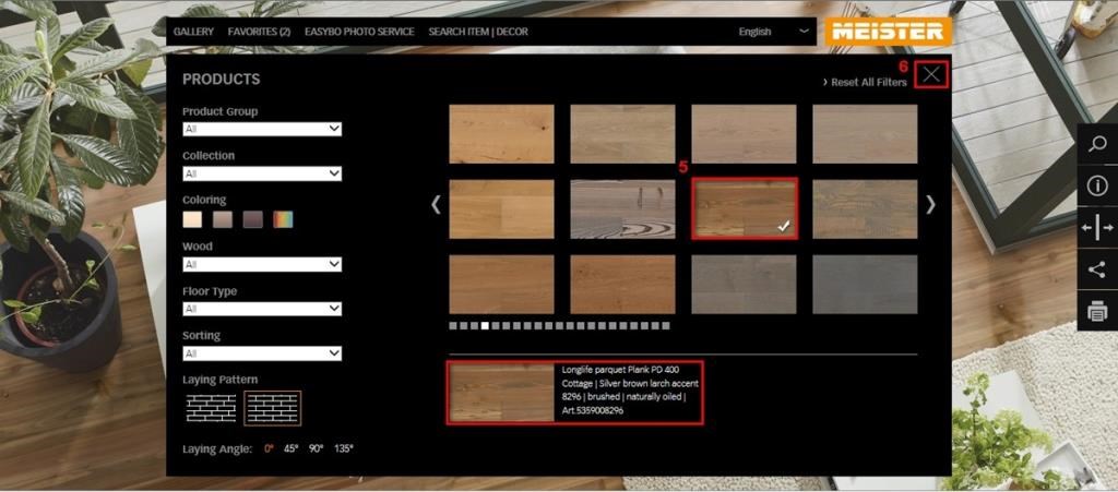 在列表中自行挑選喜歡的花色後關閉彈跳視窗，情境圖則會替換成勾選的木建材。