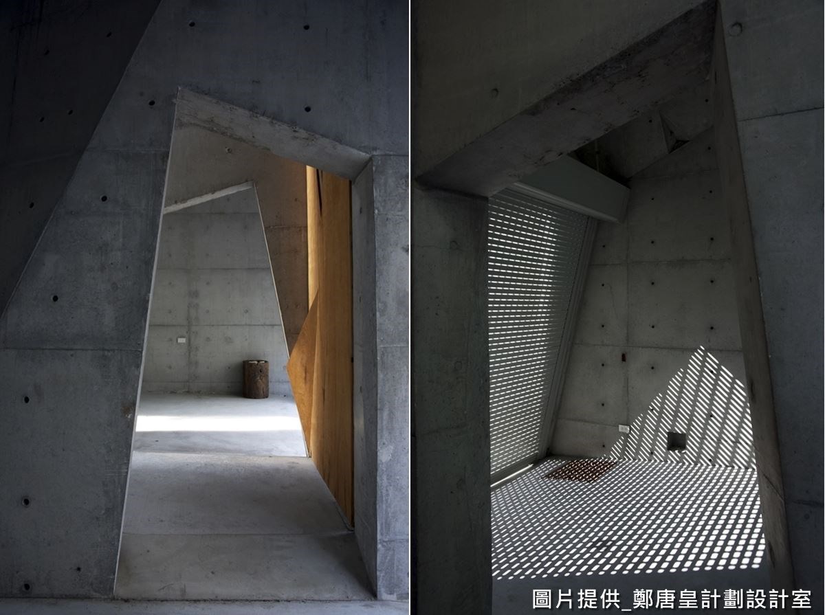 從梢楠木大門走入，可見到純粹的清水模建材，刻意以斜線、直線等線條做出幾何與折角的變化，營造空間曲折感，符合當代數位折板的概念。