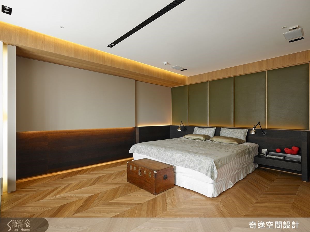 兒子房床頭採用常被用於高檔汽車座椅面料的 Nappa 等級皮革，充滿質感。