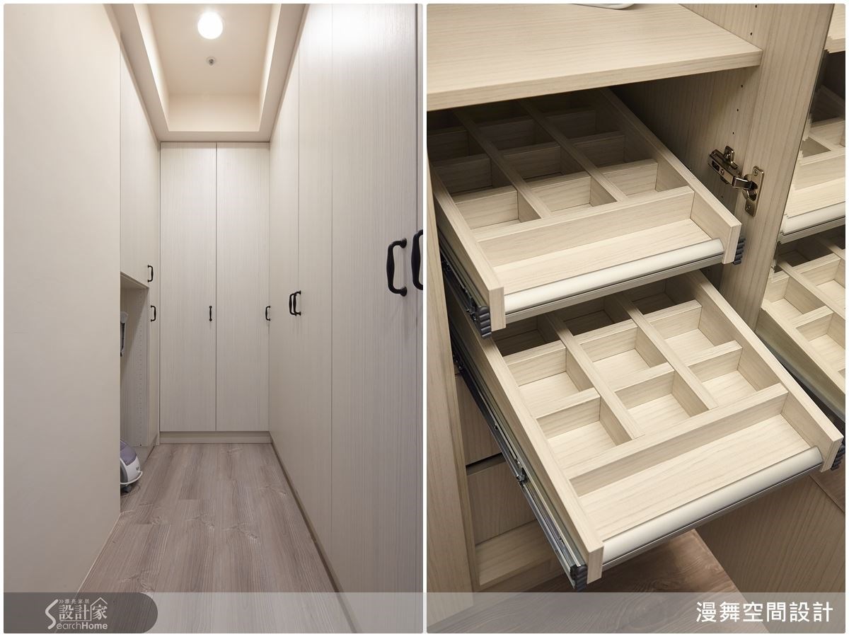 更衣室的衣櫥以格抽屜規劃，能收納大大小小的衣物與飾品。