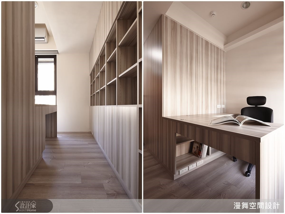 書房使用的是北歐梨木，因為男主人喜歡被包圍的感覺，順應隔間與書櫃的格局，再藉由木質的溫潤減低空間的壓迫感。