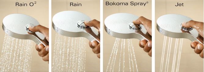 GROHE Power & Soul 四種淋浴模式:雨淋式.含氧雨淋式. Bokoma 動感按摩式.噴射式，讓您暢快享受不同淋浴樂趣