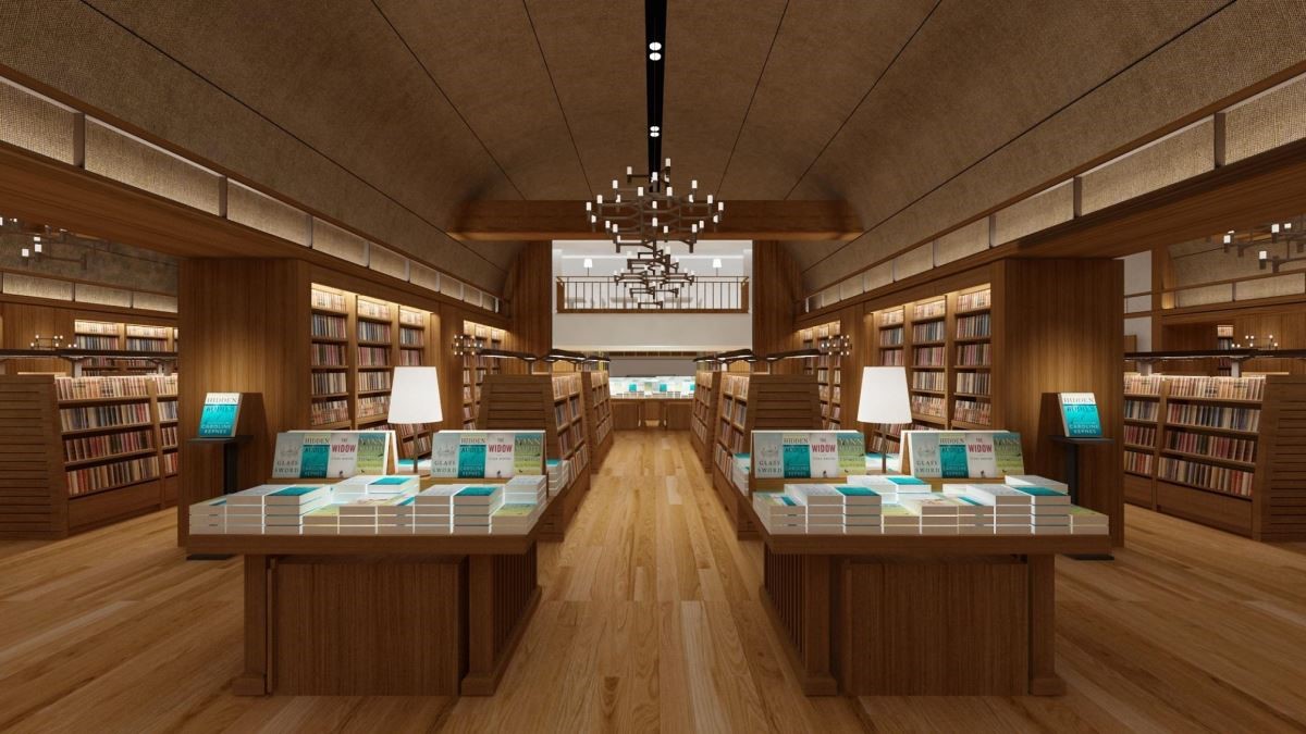 誠品生活南西書店空間因著歷史保留戲院挑高5米的特色，天花以圓弧拱頂設計，場景就像是一間間的放映廳（圖為3D店景示意圖）。