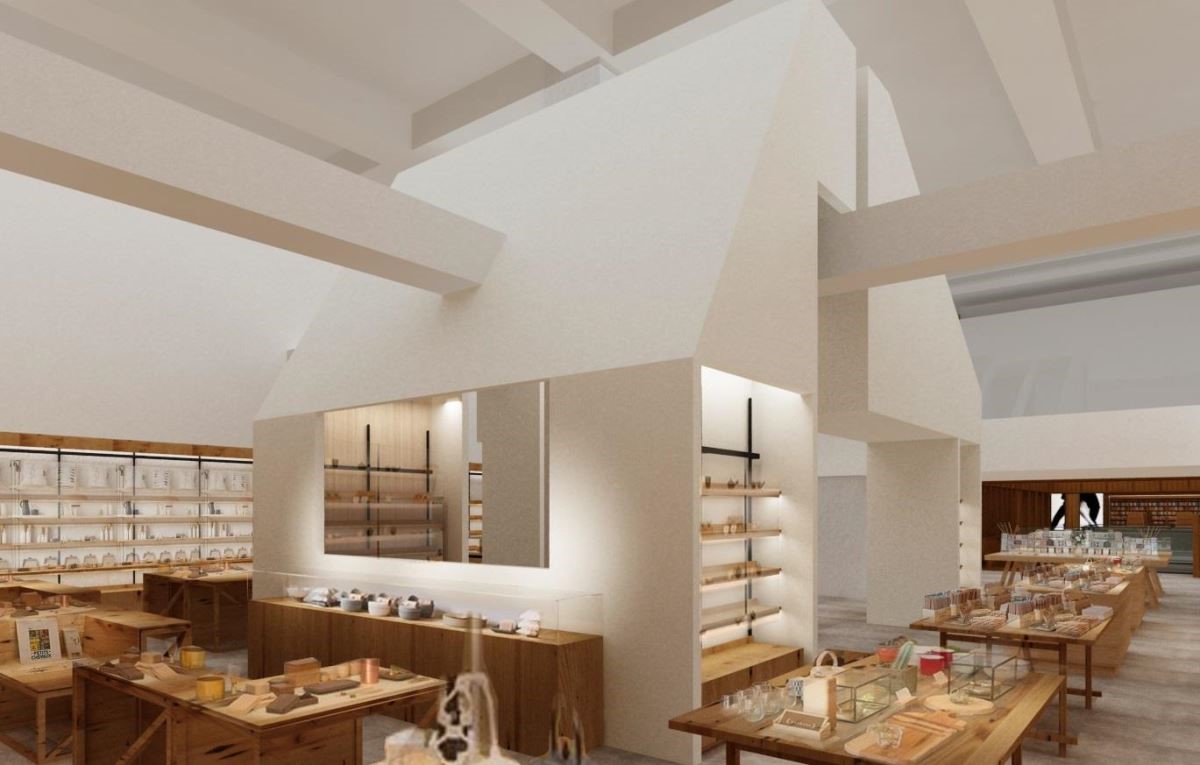 誠品生活南西全店空間設計錯落大小不一的屋型設計，象徵充滿生命力的文化聚落在此匯聚（圖為3D店景示意圖）。