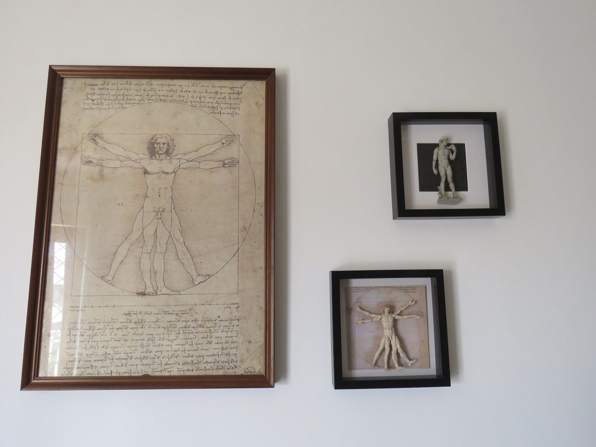 相框中的維特魯威人跟大衛像公仔。