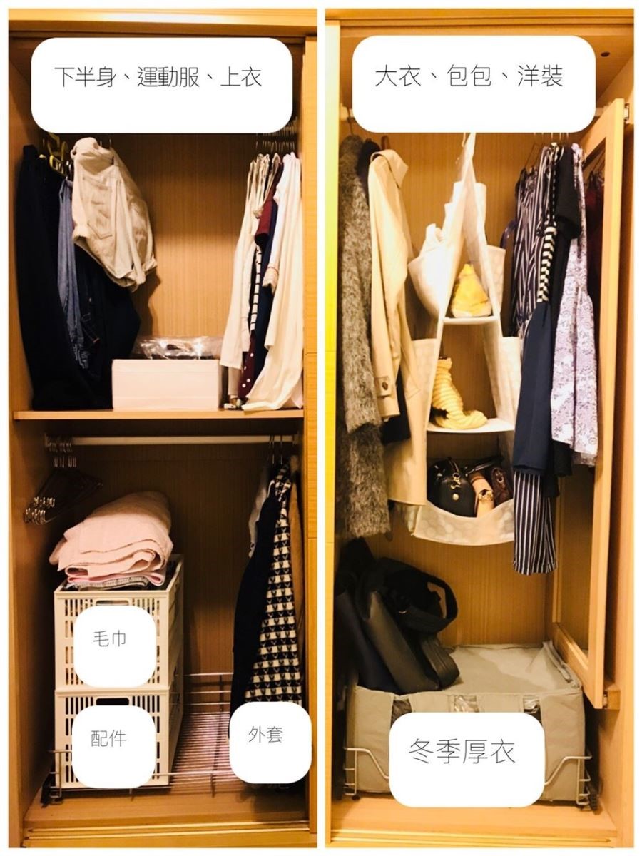 衣櫃可以依照身體部位來分類衣物。