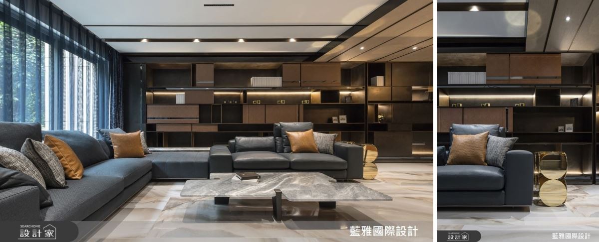 客廳沙發背牆以方塊設計概念,構築兼備機能、美學的居家端景。