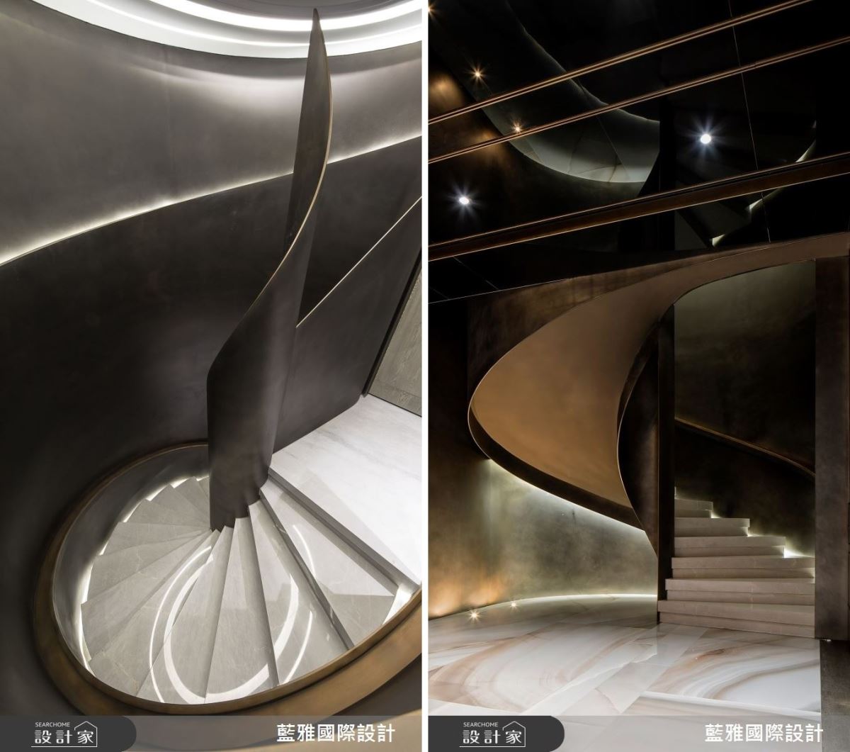 豪宅階梯以金屬銅的深淺雙色搭配梯面米灰色石材,演繹宛如向上生長的藝術姿態。