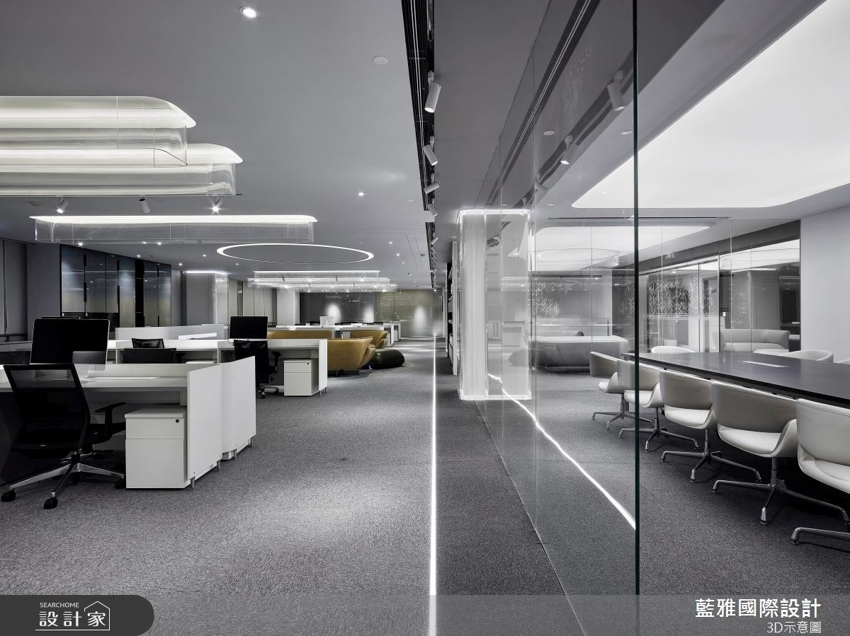 辦公區域以白色渲染科技企業氛圍,並運用光帶線條勾勒視覺焦點。