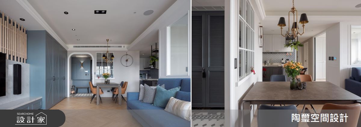 將輕隔間內縮作為玄關落塵區，讓空間內外有了層次，不僅闢出衣掛、鞋櫃、穿鞋區與展示空間，同時順帶解決了開門見灶的問題，也圓了屋主對家的期待，一舉數得。