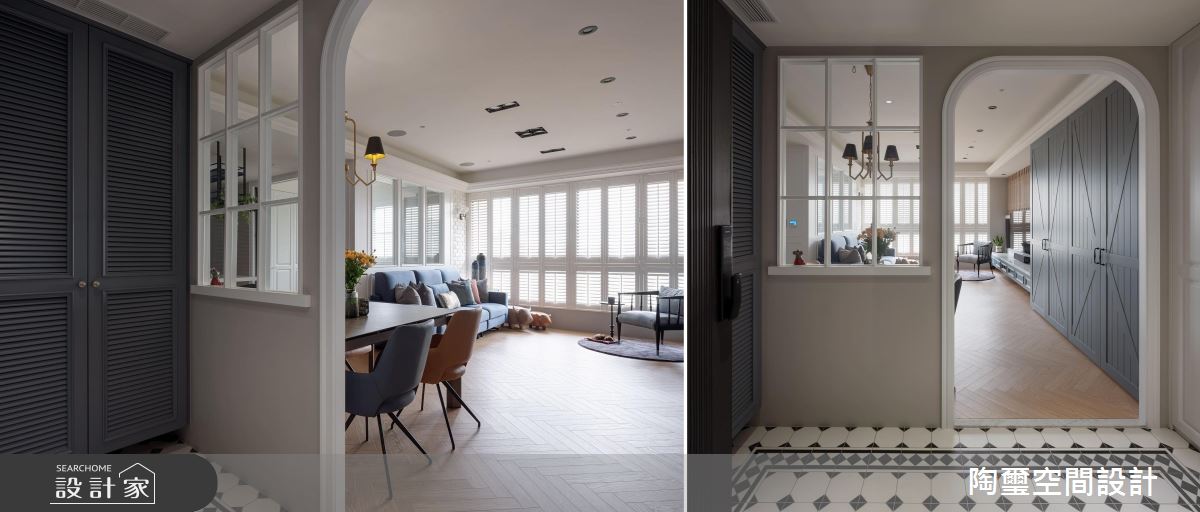 玄關地面的黑白菱格花磚，雅緻耐看，界定內外場域，一扇窗型隔牆，引入光源同時避除鞋櫃與落塵區的灰塵。