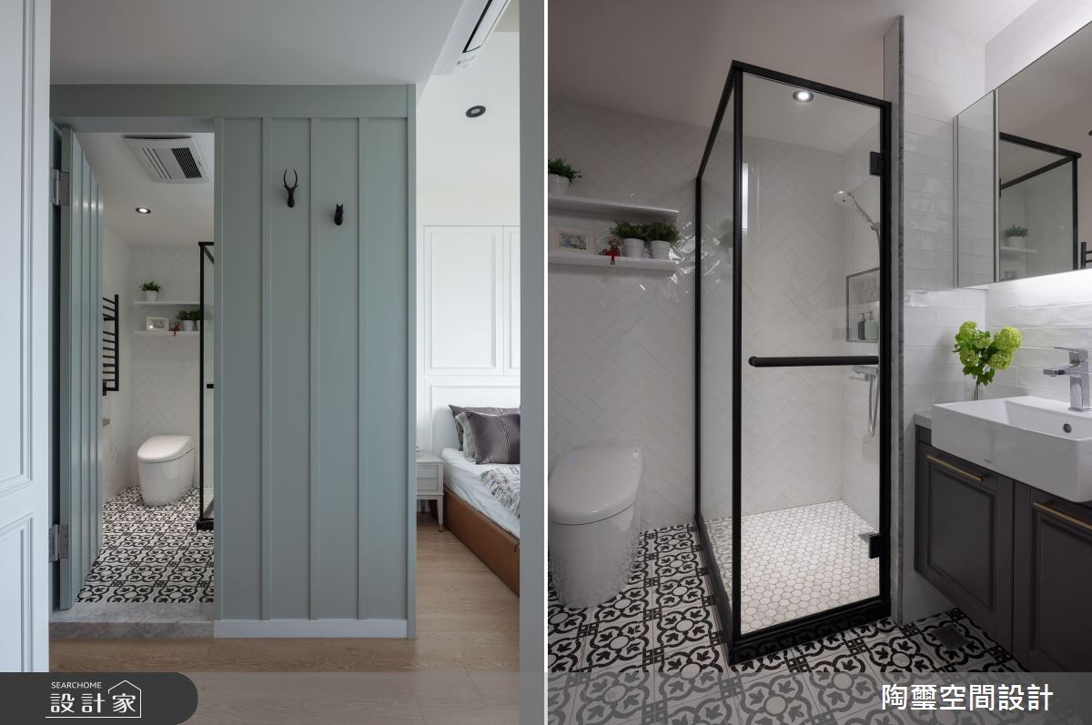 乾溼分離的主臥衛浴，同時運用鐵件、花磚與莫藍迪色系，巧妙的色彩層次運用，百看不厭。