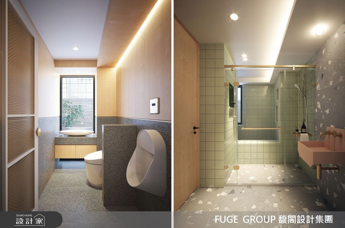 廁所以台灣傳統藤編取代一般門片材質,除了整體的美感搭配與情懷概念,也是引導空間中正負壓氣流設計的一大要點。