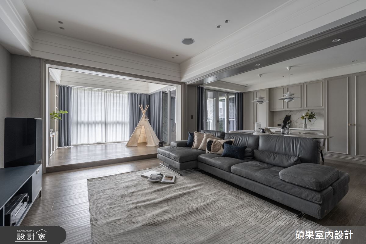 40坪3房2廳的新成屋為輕美式風格，原始格局不方正、動