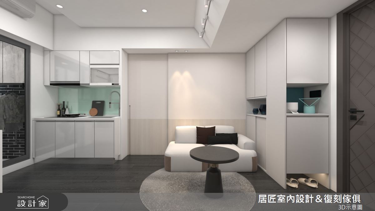 僅 14 坪的生活空間為長形格局，開放規劃盡可能拉開生