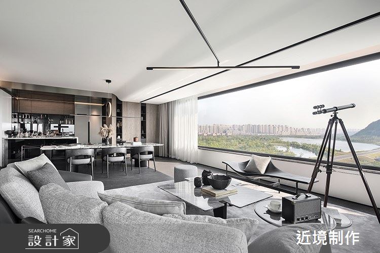 53坪現代風空間裡,善用建築景觀優勢,透過大面窗景將