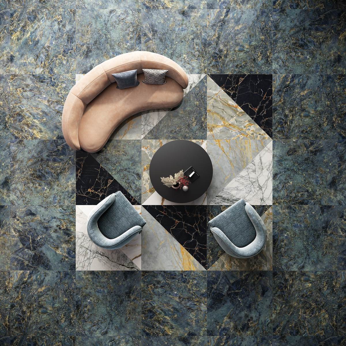 灰月光石尺寸:120 x 280 公分有拋光面,靈感源自加拿大的獨特礦石,因由地殼高溫高壓形成,像寶石一樣璀璨耀眼,像富含祖母綠般爾雅奢華。瑪摩石應材質特性穩定配合專業切割技術,更可以客製化拼出地坪範圍劃分空間場域。