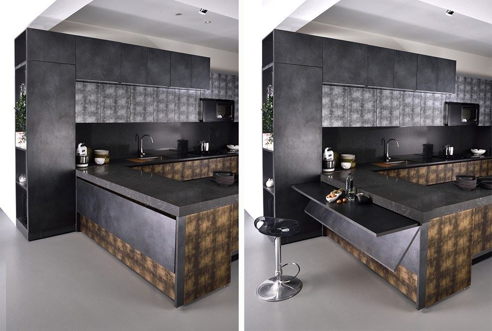 以時髦都會生活為藍本的蓋亞 GAIA 系列中除了許多電動伸展櫃讓拿取更順手外,隱藏於中島吧台的折疊掀桌更是實踐每個人心目中的時髦空間。