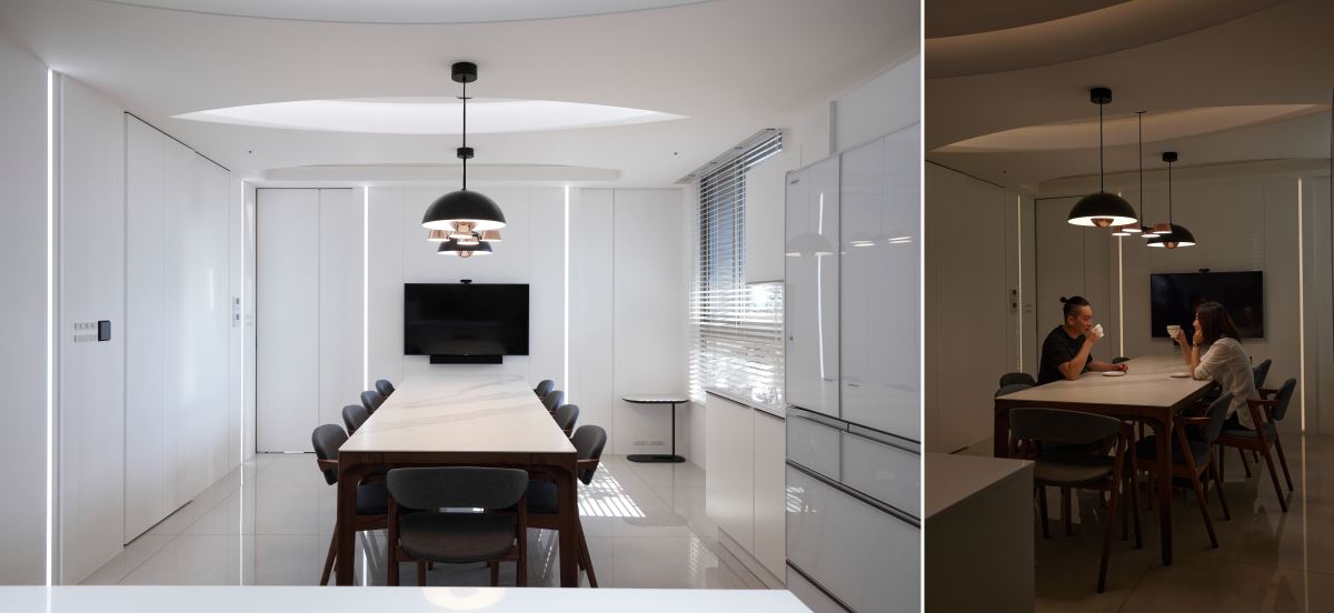 考量到用餐、料理與親友小酌等不同生活情境,自動化調整燈具照度與 色溫。選用明亮白光確保用餐安全,而在飲茶、品酒之際,降低照度並搭配暖黃光暈,營造溫馨氛圍。