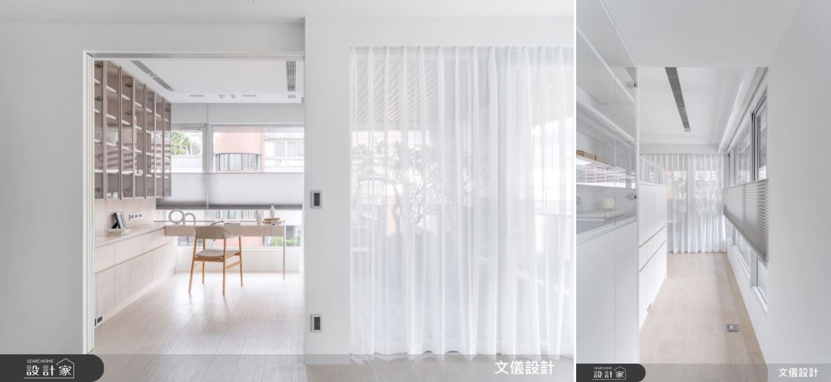 男主人重視的書房以精緻的長虹玻璃拉門為間隔,輕透材質延續空間光線及視線,使空間感更為輕盈。依樑而生的半高電視牆後為瑜珈運動的日光場域。