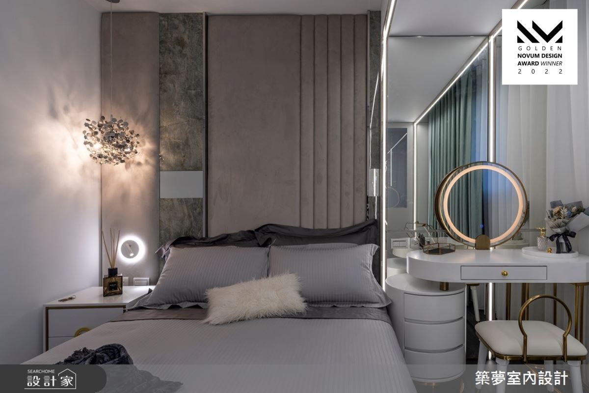 孝親房結合軟繃布和樸雅的色調,既減少床頭處的碰撞,也賦予柔軟舒適感,為長輩打造靜謐放鬆的舒眠空間。