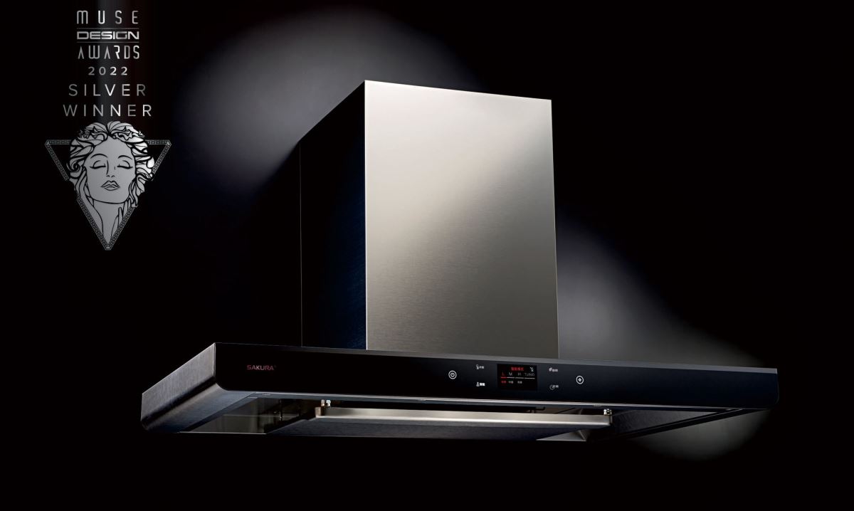 台灣櫻花 XR01 AI 風控渦輪變頻歐化除油煙機,獲得 2022 年美國 MUSE Design Awards 銀獎肯定。