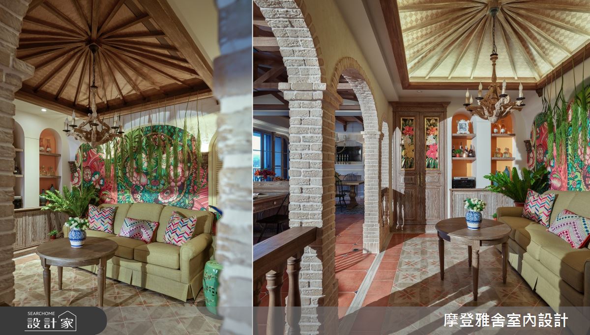 滿富度假氛圍的藤編床具變為西班牙氣息濃厚的繽紛沙發及抱枕,在相同空間容納更多親友與客戶。