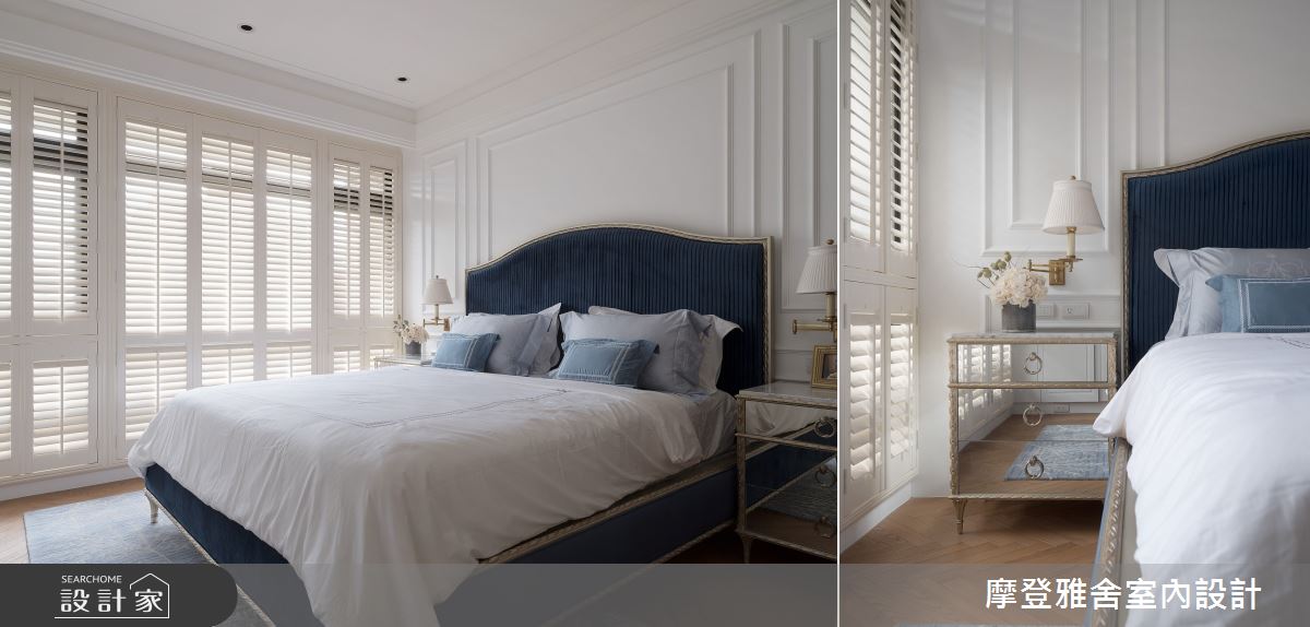 主臥的法國藍色調體現在床具、抱枕與地毯,名為「楓丹白露」的床組,其床頭細緻的緞面皺褶與兩側有著馬甲裙襬設計的銅質壁燈,展現宛如綢緞般的絲滑視覺感受;壁面的線板與鏡面床頭櫃及壁燈演繹經典的歐式對稱風格。