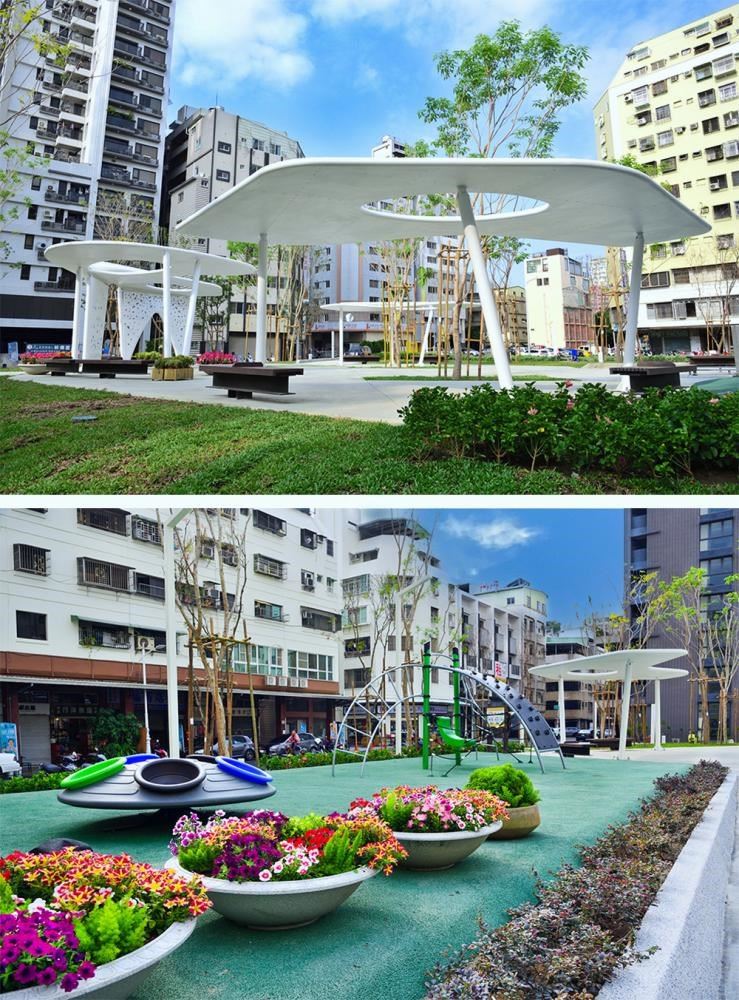 府北公園佔地800多坪，開放性街角廣場設計，可導引民眾進入公園(上)，通透明亮、視野寬闊的大草坪將可為府北路增添更新的面貌(下)。(圖片提供/高雄市政府工務局養護工程處)