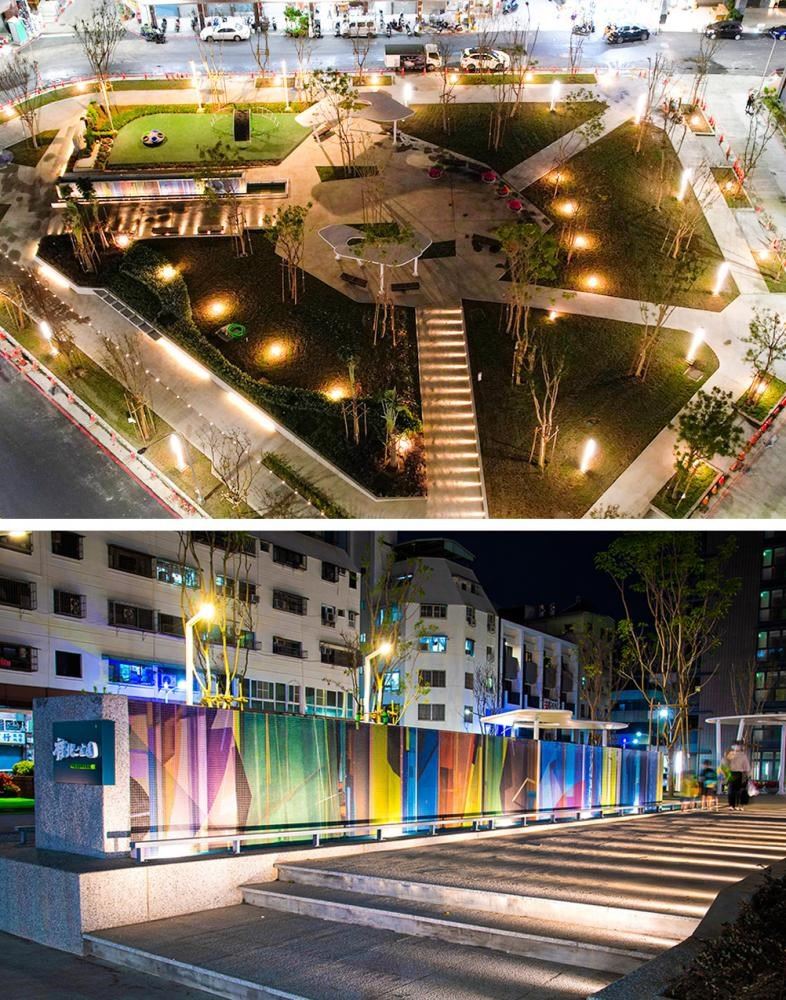 精心規劃的夜間照明及藝術水景，也是府北公園的特色之一。(圖片提供/高雄市政府工務局養護工程處)