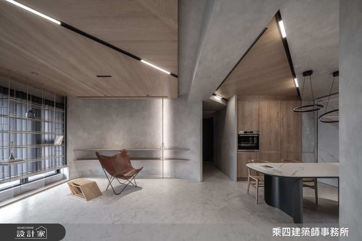 斜向 45 度的燈條牽引空間的視覺軸向,結合磁吸式設計,可以依循著不同的情境需求,進行燈光位置的調節。