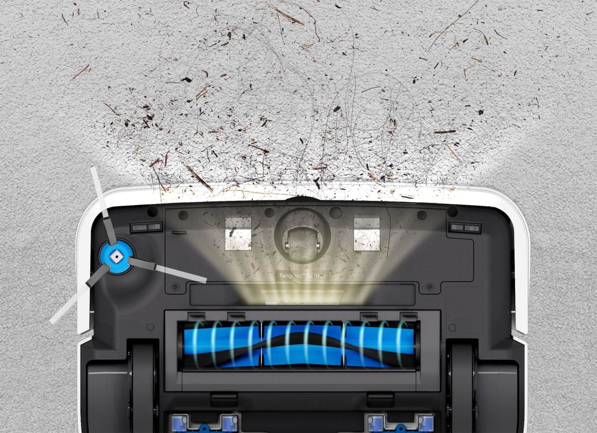 雷姬 D8 掃拖地機器人獨家專利前吸髮口設計升級 5000PA 強吸力，清掃過程中可預先吸入 82% 的地上毛髮，省去惱人的滾刷纏髮清潔步驟。