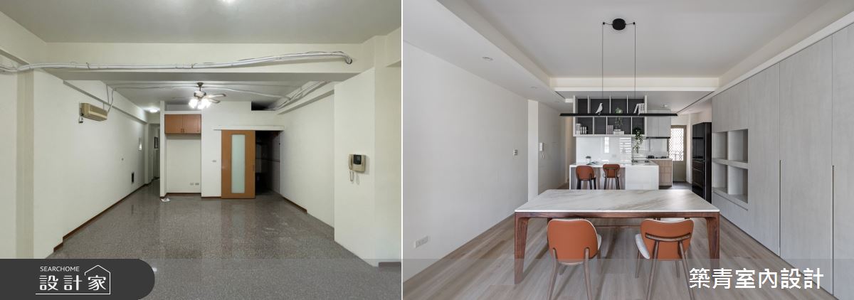 封閉式廚房改為開放式餐廚。（餐廚空間前後對比圖）