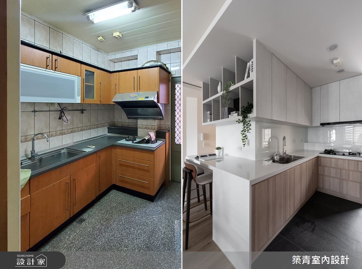 廚房順著立面延伸備餐檯與中島吧台，增加便利性。（廚房前後對比圖）