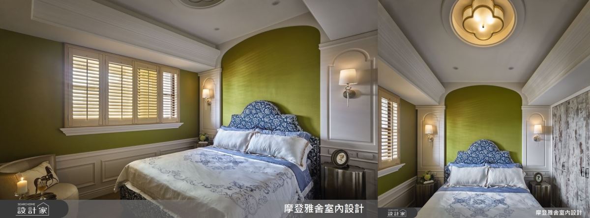 遭遇相同問題的主臥,設計師採用同樣手法達成視覺平衡,更完美詮釋新古典風格必備元素。