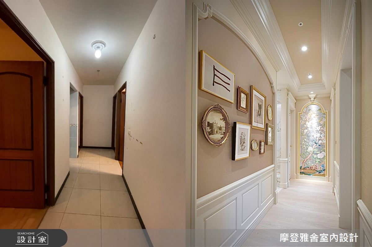 老屋狹長黑暗的走廊在線板、彩繪與粉色油漆的交互作用下重獲新生,刻意向上延伸至天花的門框,更呈現了道地的歐洲氛圍。